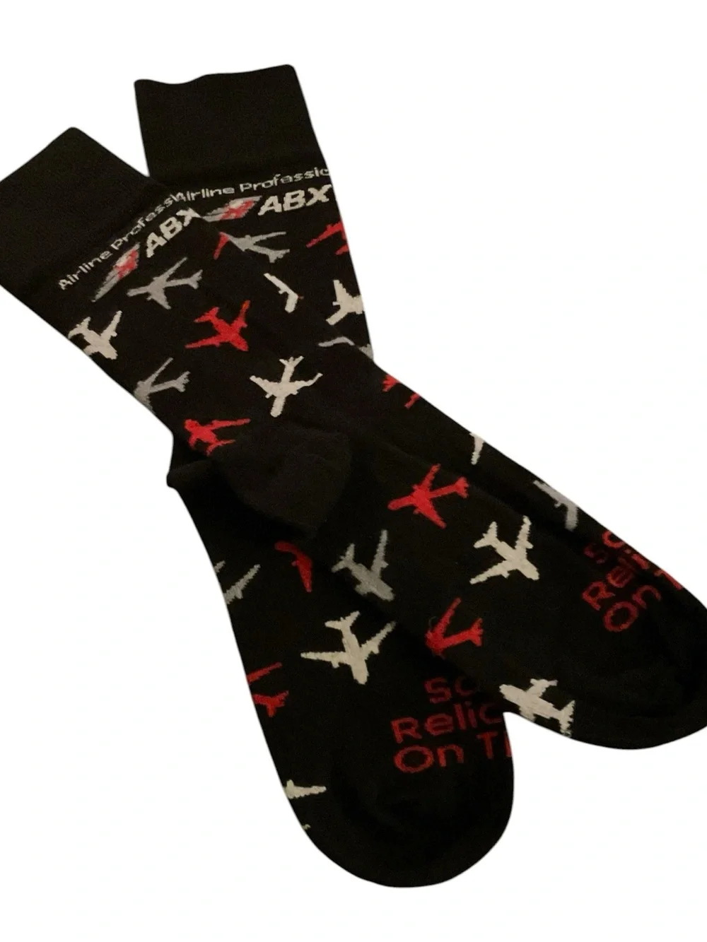 Men's Black Crew Socks with Red & White Airplane Pattern NWT